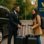 MCR EXEC chauffeur assisting a South Asian student with luggage outside the University of Warwick, with an executive black MPV parked nearby