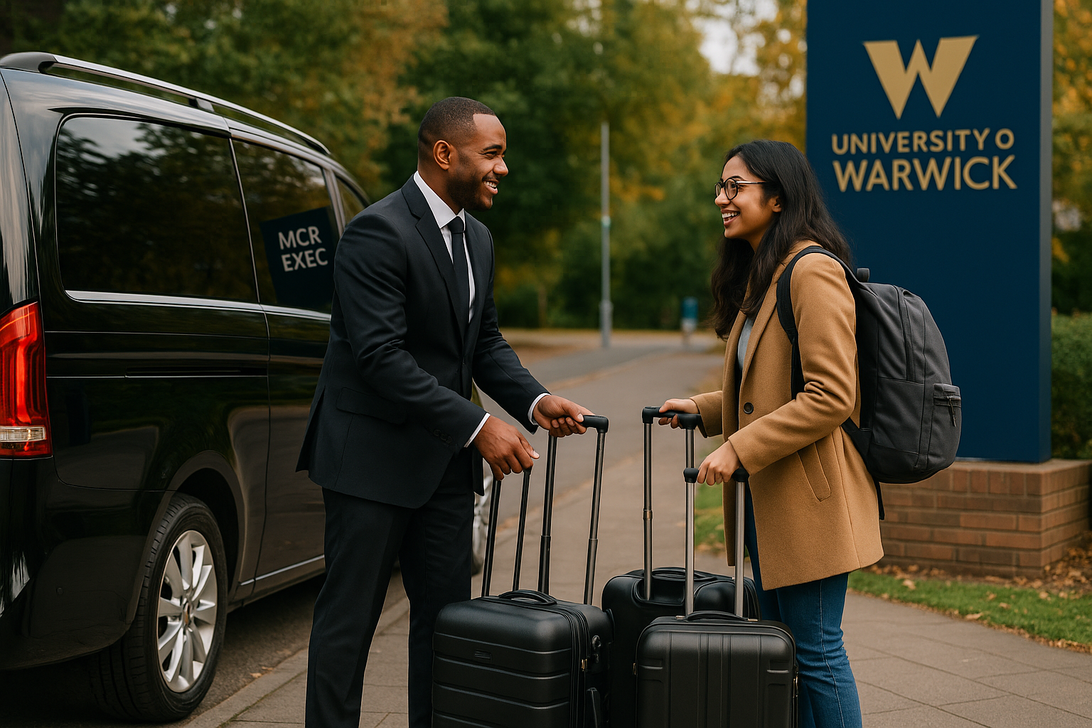 MCR EXEC chauffeur assisting a South Asian student with luggage outside the University of Warwick, with an executive black MPV parked nearby