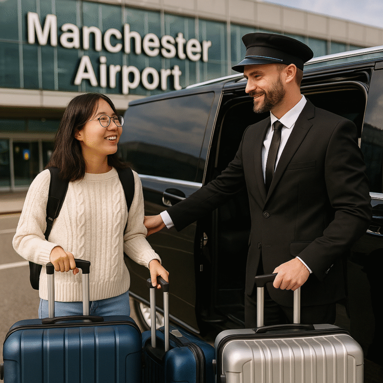 Professional chauffeur helps a new international student with luggage into a luxury MPV for airport-to-university transfer