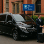 Luxury black chauffeur vehicle parked near the University of Sheffield with a student and luggage