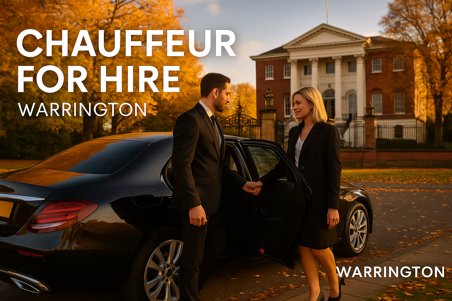 Chauffeur assists client into luxury car outside Warrington Town Hall surrounded by autumn trees.
