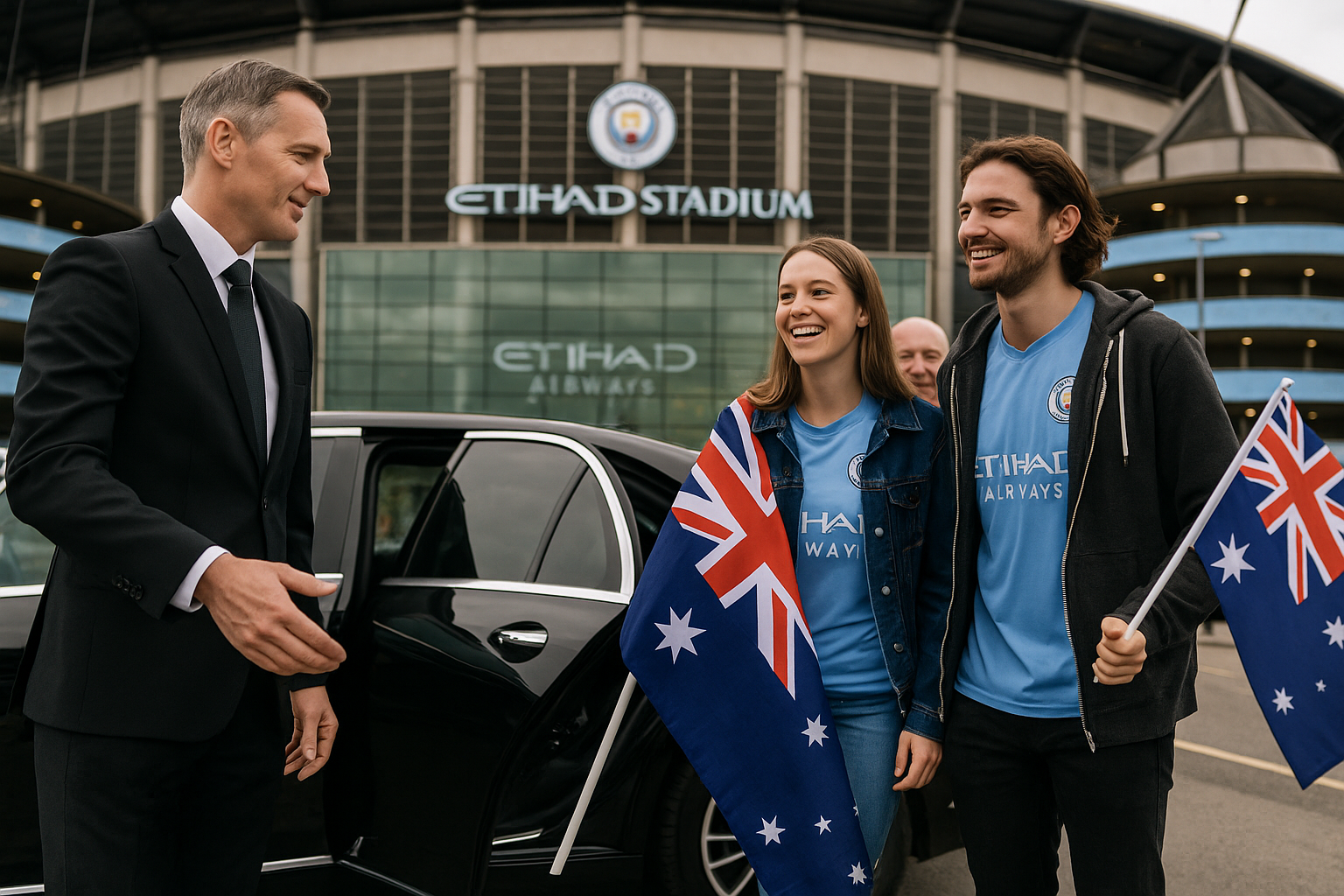 Chauffeur opening luxury car door for Australian supporters holding Aussie flags at Etihad Stadium