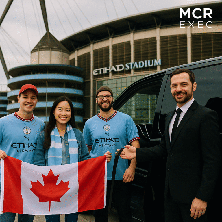 Chauffeur opening MPV door for Canadian supporters holding Canadian flags at Etihad Stadium