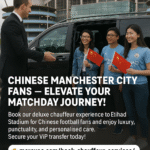 Chauffeur opening luxury car door for Chinese supporters holding Chinese flags at Etihad Stadium - Manchester City