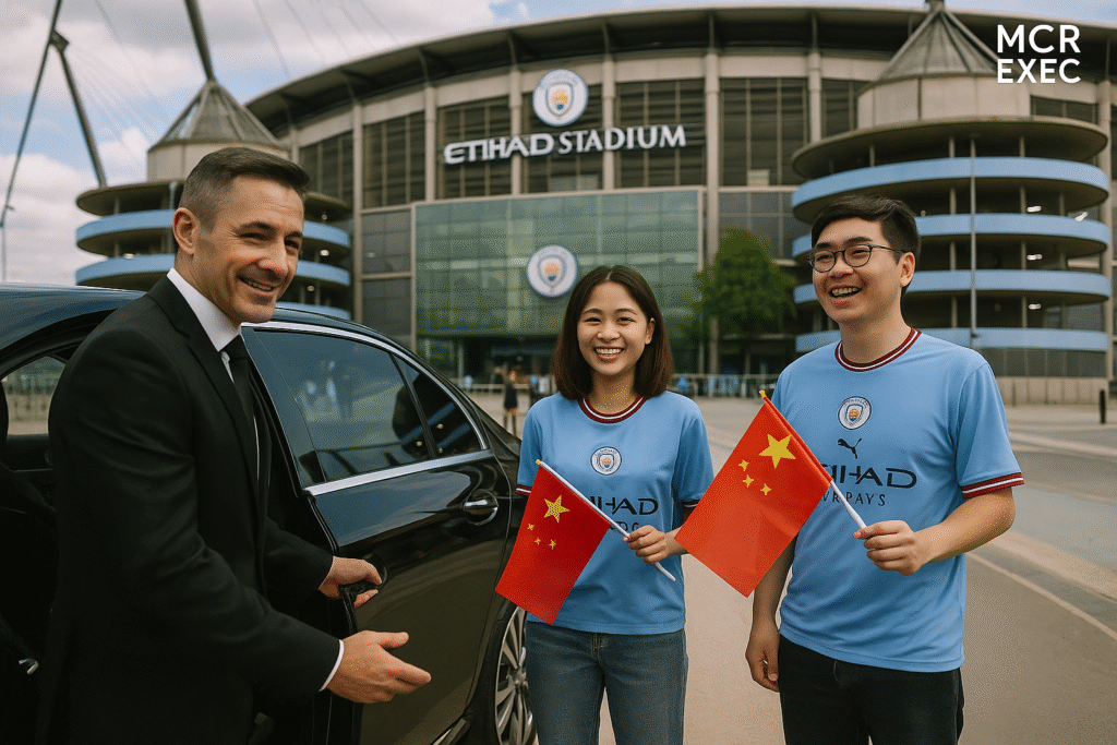 Chauffeur opening luxury car door for Chinese supporters holding Chinese flags at Etihad Stadium