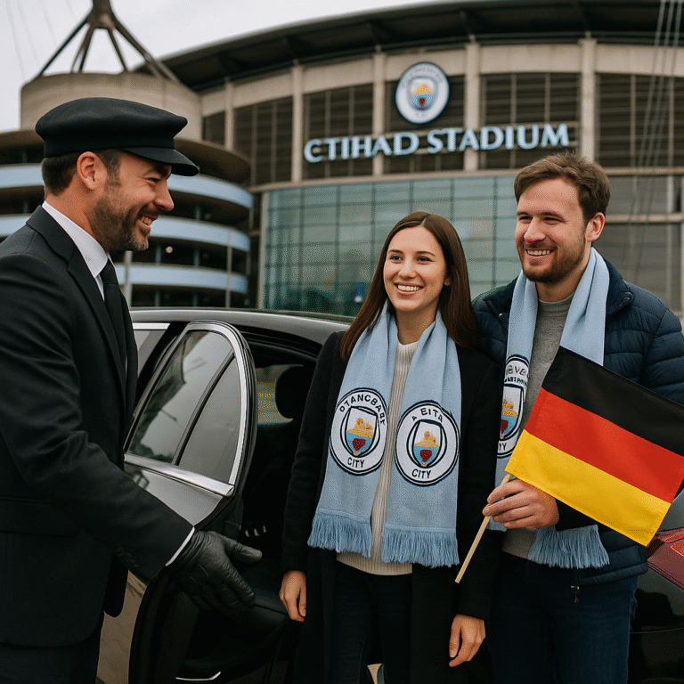 Chauffeur opening luxury car door for German tourists holding German flags at Etihad Stadium