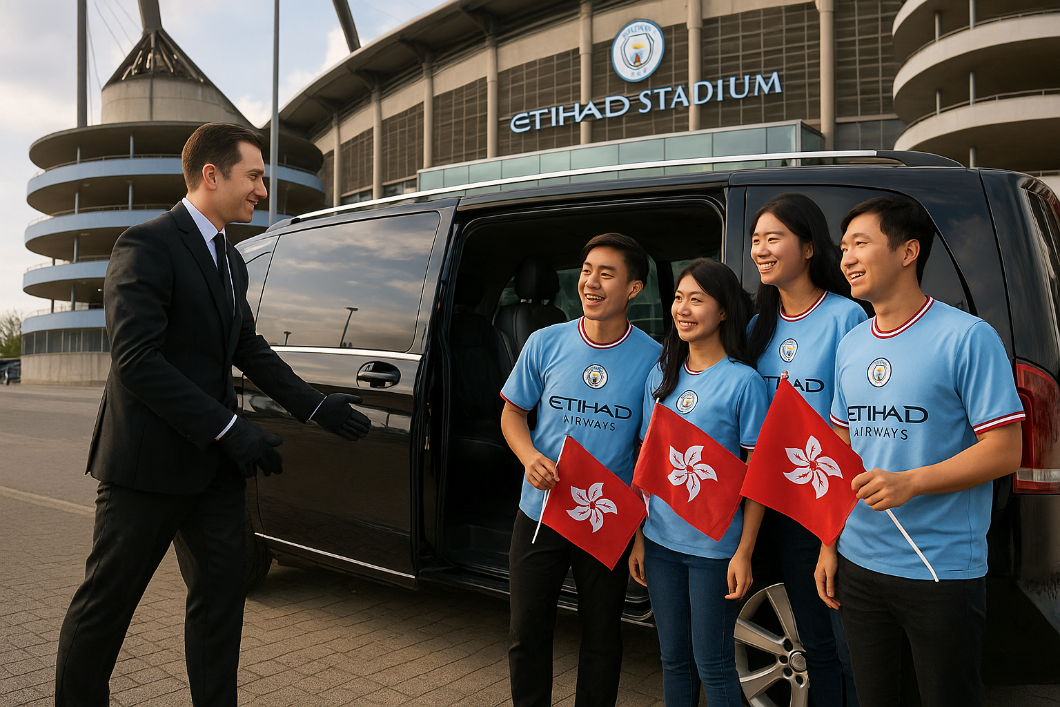 Chauffeur opening MPV door for Hong Kong Manchester City fans holding Hong Kong flags at Etihad Stadium