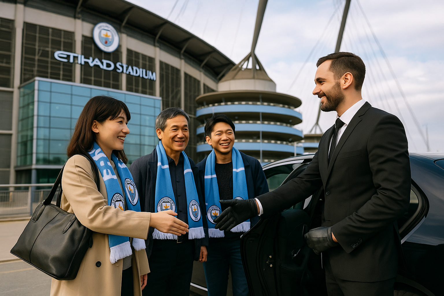 Chauffeur opening car door for Japanese fans wearing Manchester City scarves at Etihad Stadium
