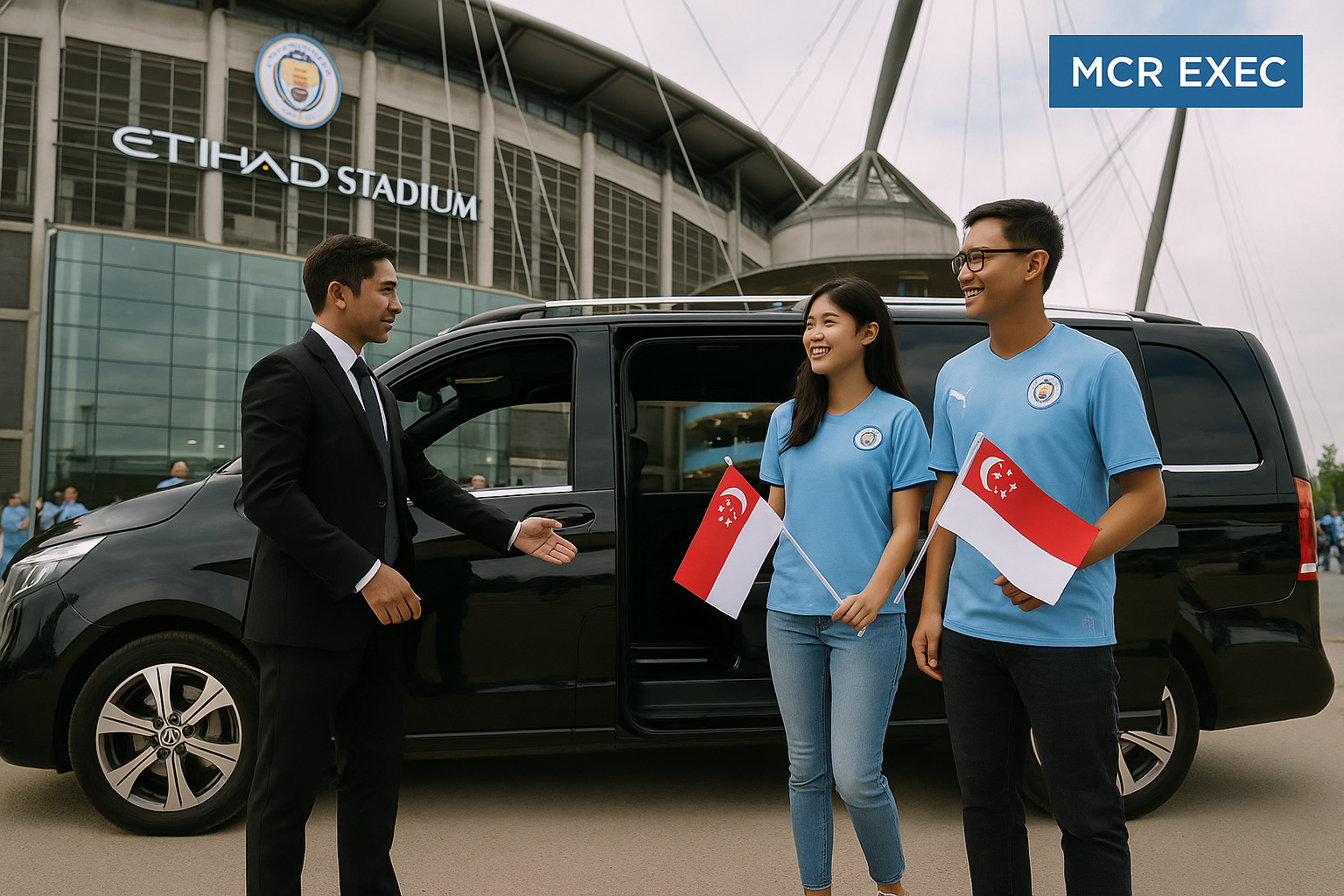 Chauffeur opening luxury car door for Singapore supporters holding Singapore flags at Etihad Stadium - Executive chauffeur to Etihad Stadium for Singaporean football fans - executive chauffeur to Etihad Stadium for Singaporean football fans