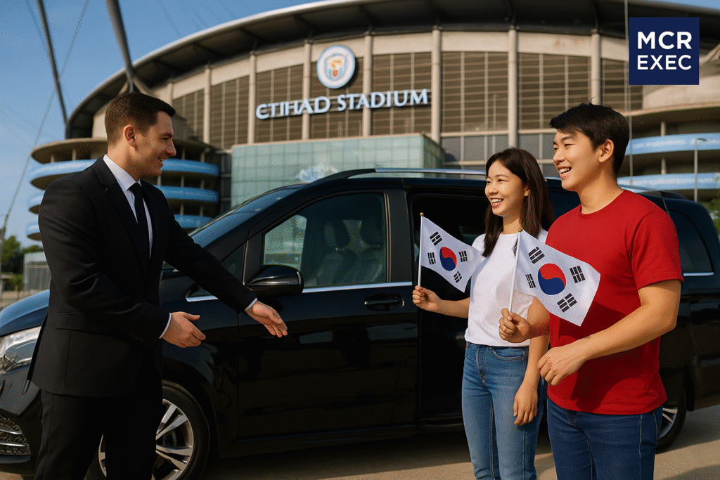 Chauffeur opening luxury car door for South Korean supporters holding South Korea flags at Etihad Stadium