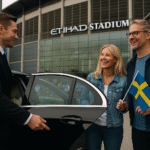 Chauffeur opening car door for Swedish tourists holding Swedish flags at Etihad Stadium