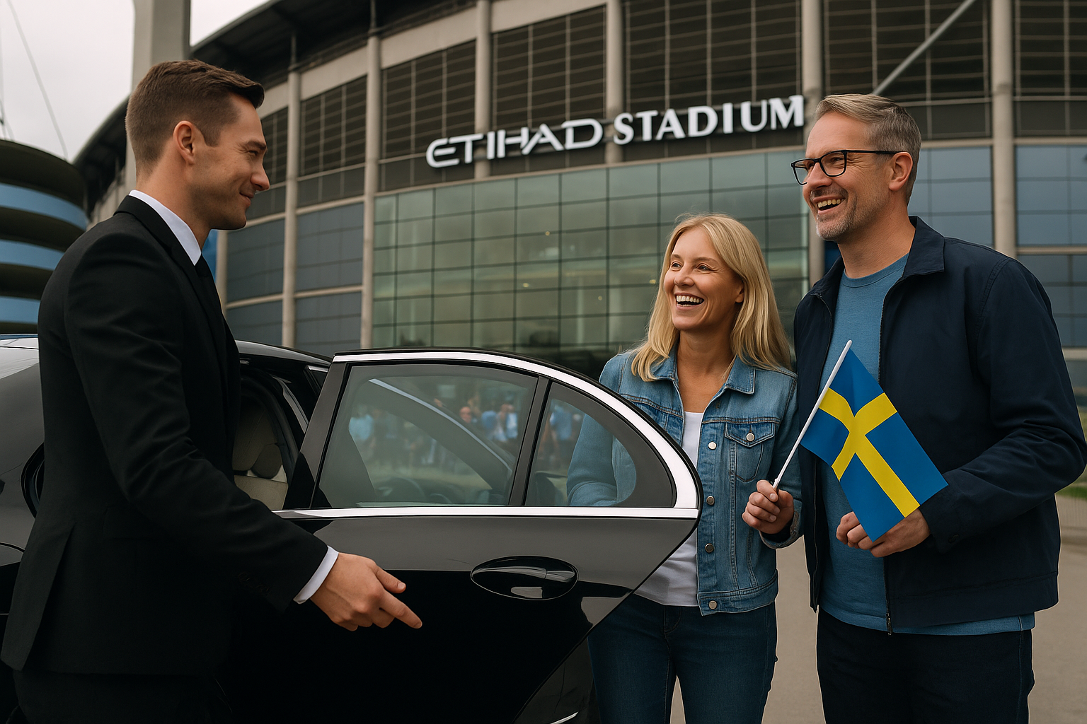Chauffeur opening car door for Swedish tourists holding Swedish flags at Etihad Stadium