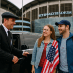 Chauffeur opening luxury vehicle door for US tourists with American flag at Etihad Stadium