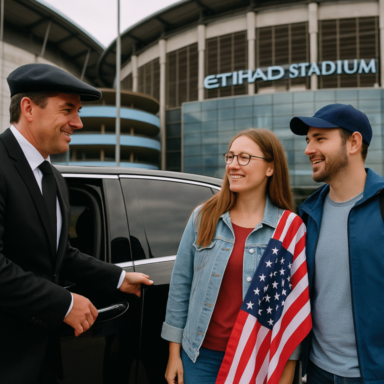 Chauffeur opening luxury vehicle door for US tourists with American flag at Etihad Stadium