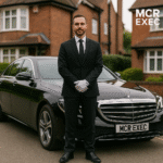 Professional chauffeur standing beside luxury vehicle in UK residential street