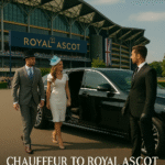 Elegantly dressed couple arriving at Royal Ascot in a black Mercedes, greeted by a chauffeur in a formal suit outside the grandstand.