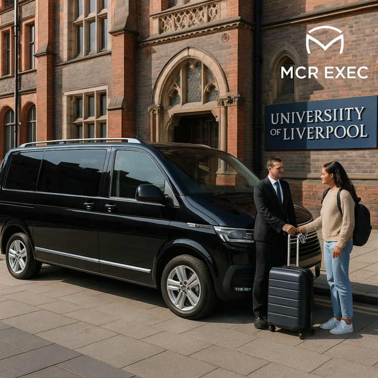 Luxury black MPV waiting outside the University of Liverpool with chauffeur assisting international student