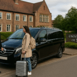 Luxury black MPV from MCR EXEC parked at the University of York with an international student loading luggage