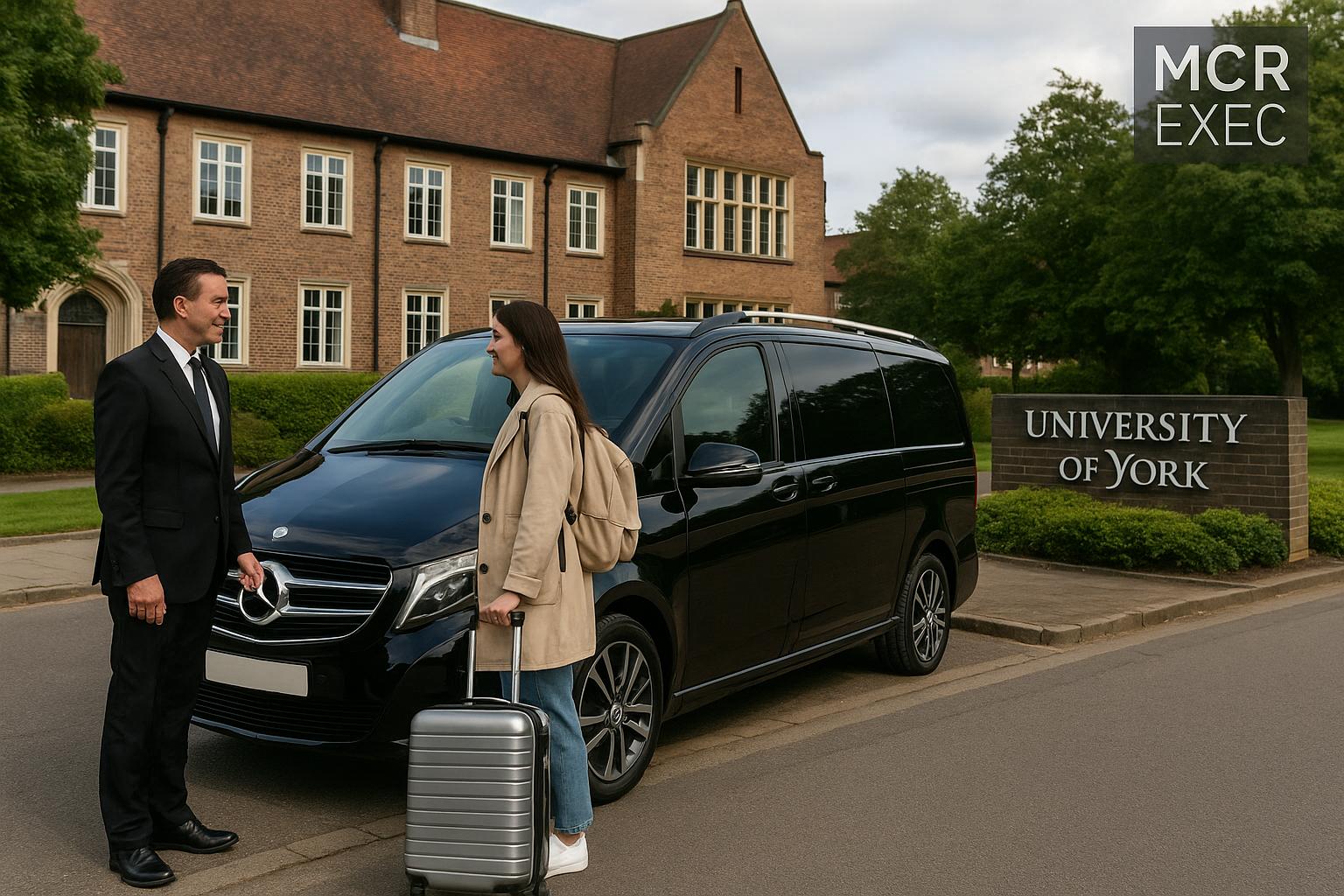 Luxury black MPV from MCR EXEC parked at the University of York with an international student loading luggage