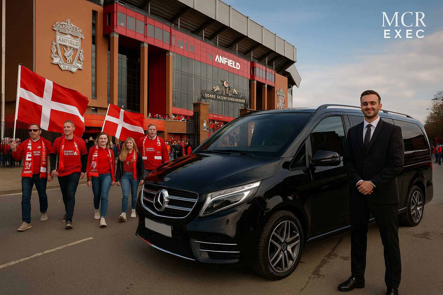 Danish Liverpool FC fans arriving at Anfield with MCR EXEC chauffeur service, luxury Mercedes MPV, Denmark flags, vibrant match day atmosphere.