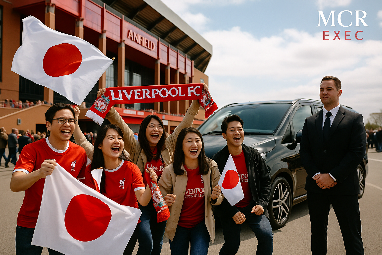 Japanese Liverpool FC fans arriving at Anfield with MCR EXEC chauffeur service, luxury Mercedes MPV, Japanese flags, joyful match day atmosphere.