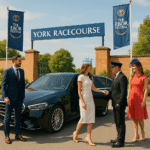 Luxury chauffeur welcomes elegantly dressed guests outside York Racecourse during The Ebor Festival, with a black Mercedes parked under festival banners.