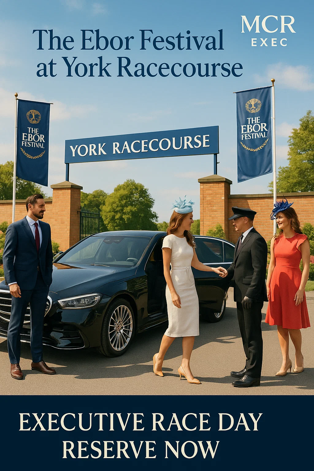 Luxury chauffeur welcomes elegantly dressed guests outside York Racecourse during The Ebor Festival, with a black Mercedes parked under festival banners.
