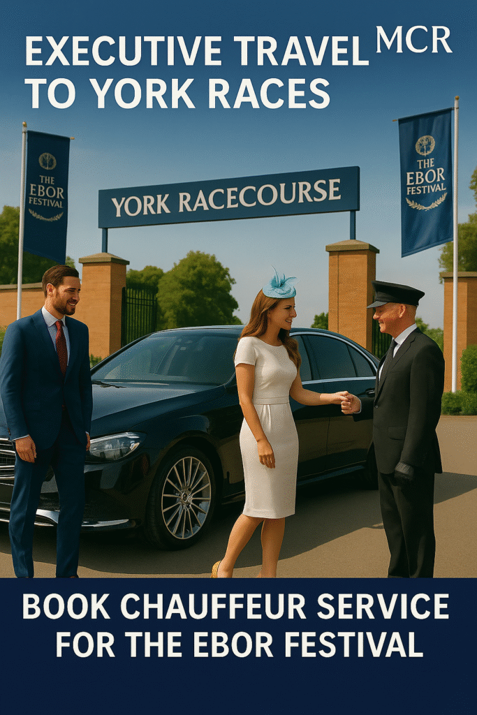 Elegant couple arriving at York Racecourse in a luxury black Mercedes, greeted by a professional chauffeur under Ebor Festival signage.