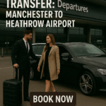 Une femme habillée de manière professionnelle est assistée par son chauffeur à côté d'une Mercedes-Benz Classe E noire à l'extérieur du terminal des départs de l'aéroport d'Heathrow.