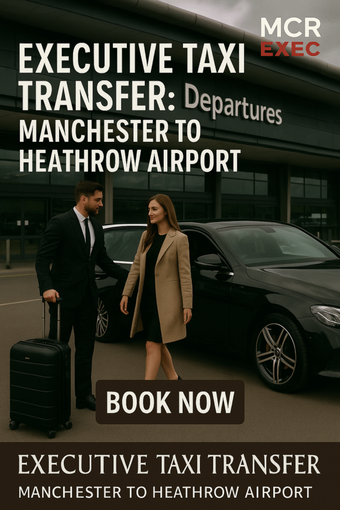 A professionally dressed woman is assisted by her chauffeur beside a black Mercedes-Benz E-Class outside Heathrow Airport's Departures terminal.