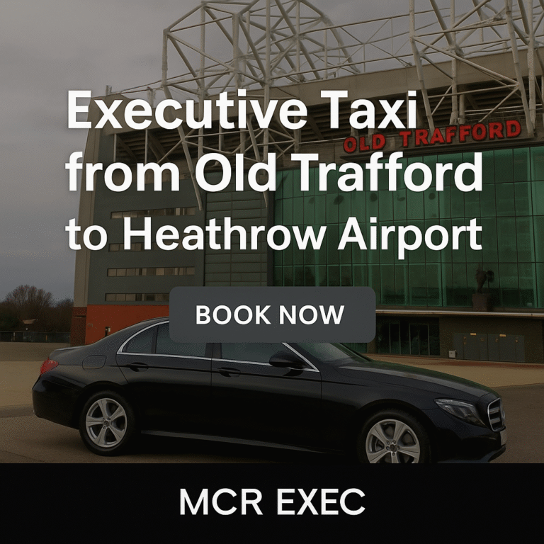 A luxury black executive taxi parked outside Old Trafford stadium ready for a Heathrow Airport transfer
