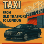 Vintage poster showing a luxury executive taxi outside Old Trafford with a bold "RESERVE NOW" call to action