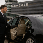 Professional chauffeur opening luxury vehicle door at Manchester Airport