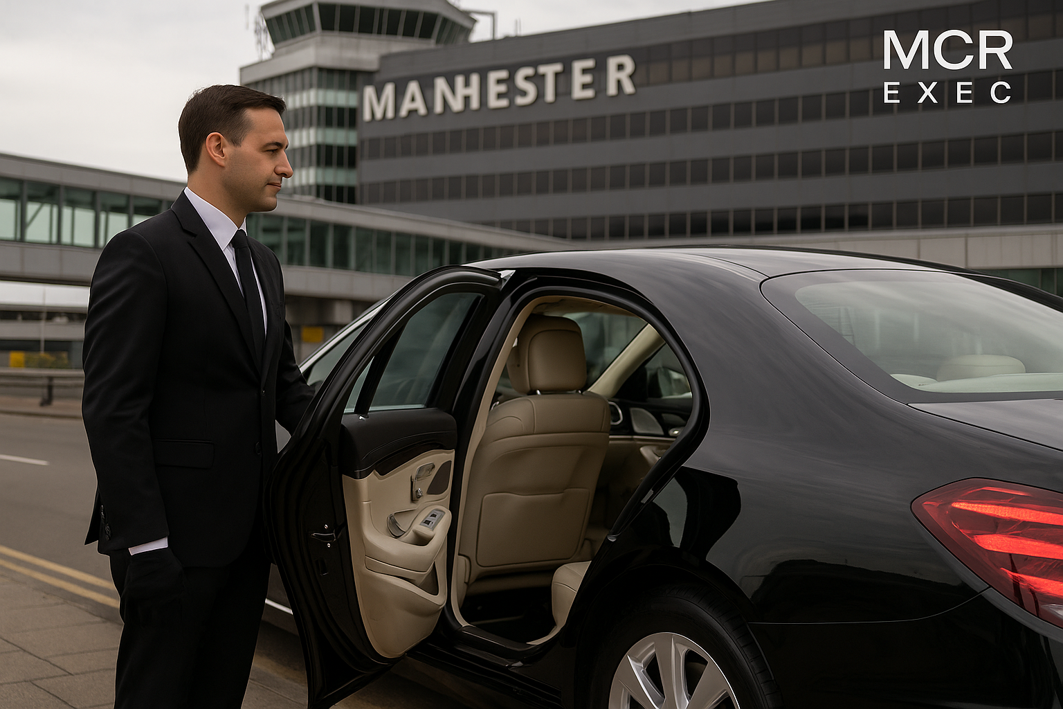 Professional chauffeur opening luxury vehicle door at Manchester Airport