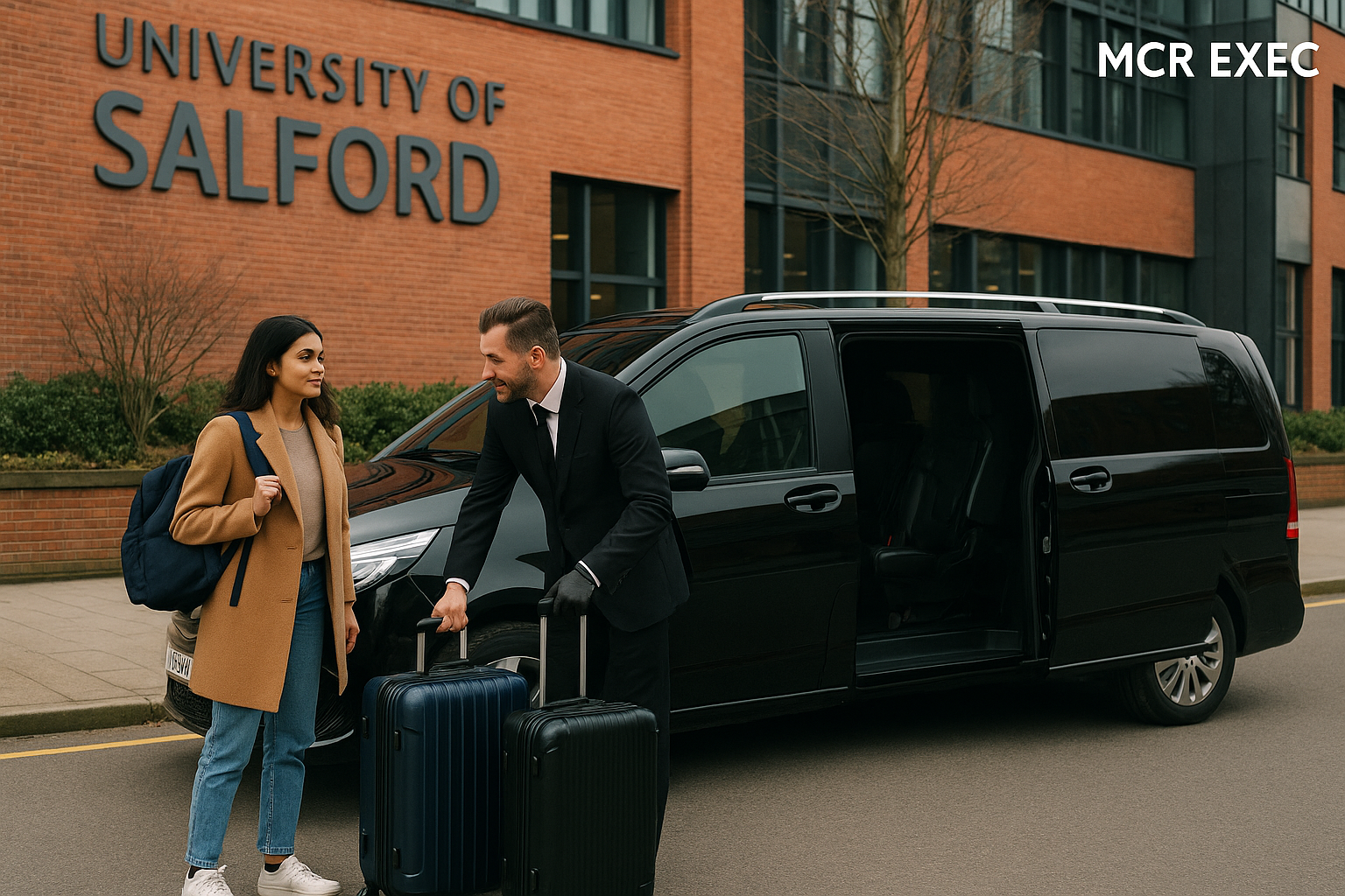 A black MPV parked outside the University of Salford with an international student and driver unloading suitcases