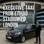 Black Mercedes executive taxi with chauffeur outside Etihad Stadium for London journey