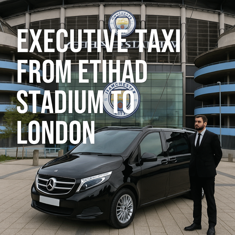 Black Mercedes executive taxi with chauffeur outside Etihad Stadium for London journey