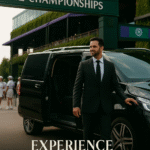 Professional chauffeur standing beside a luxury black Mercedes van outside The Championships Wimbledon entrance, promoting MCR EXEC’s premium chauffeur service.