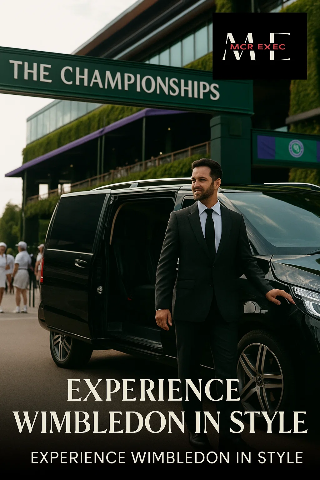 Professional chauffeur standing beside a luxury black Mercedes van outside The Championships Wimbledon entrance, promoting MCR EXEC’s premium chauffeur service.