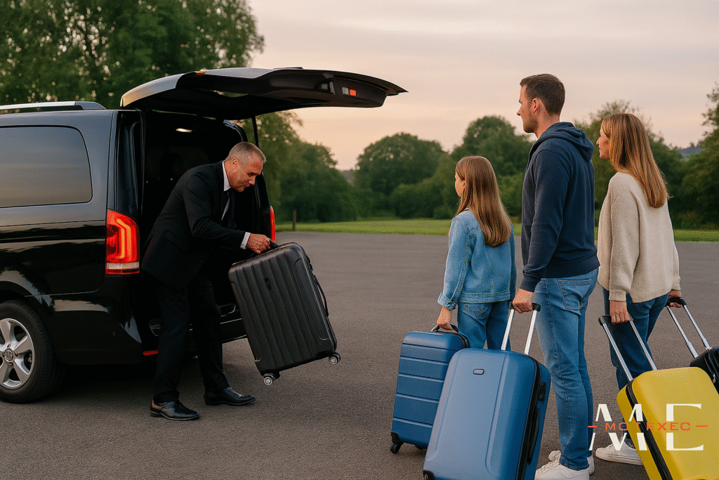 A professional chauffeur assists a family with luggage outside a premium minibus at Manchester Airport, highlighting a luxury group transfer service from Durham.