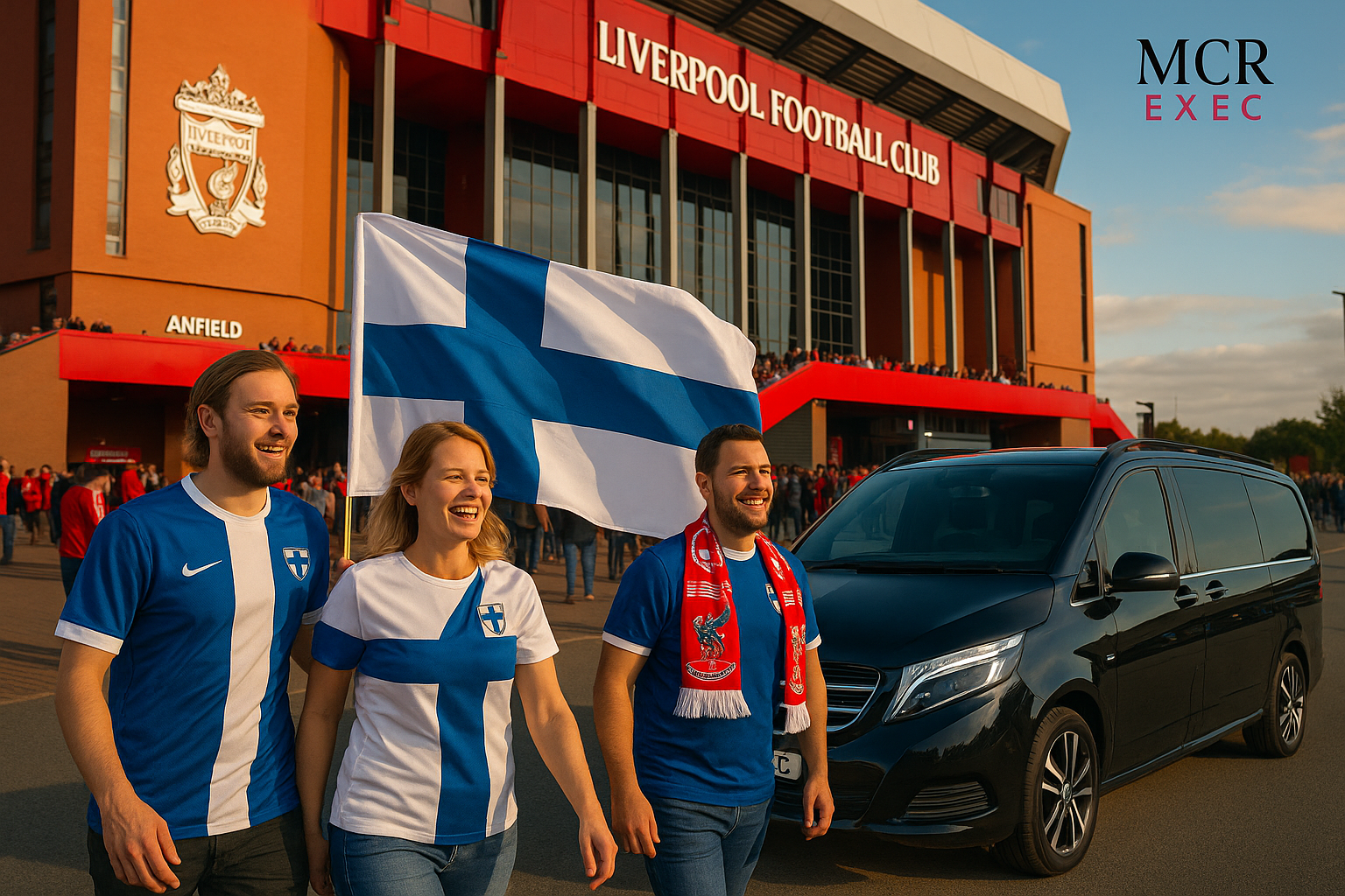 Finnish Liverpool FC fans arriving at Anfield with MCR EXEC chauffeur service, luxury Mercedes MPV, Finland flags, vibrant match day atmosphere.