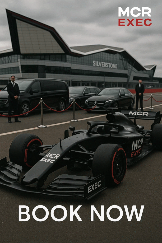 A matte black Formula One race car featuring MCR EXEC branding is parked outside Silverstone Circuit, surrounded by luxury Mercedes vehicles and suited chauffeurs, with a bold “BOOK NOW” call-to-action at
