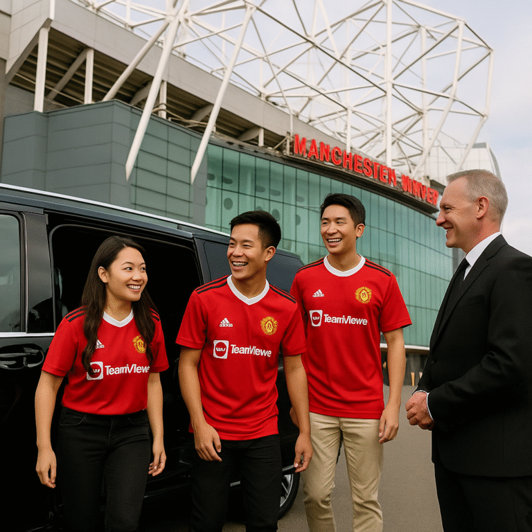 Three Hong Kong Manchester United fans step out of a black Mercedes V-Class, welcomed by an MCR EXEC chauffeur outside Old Trafford before kick-off