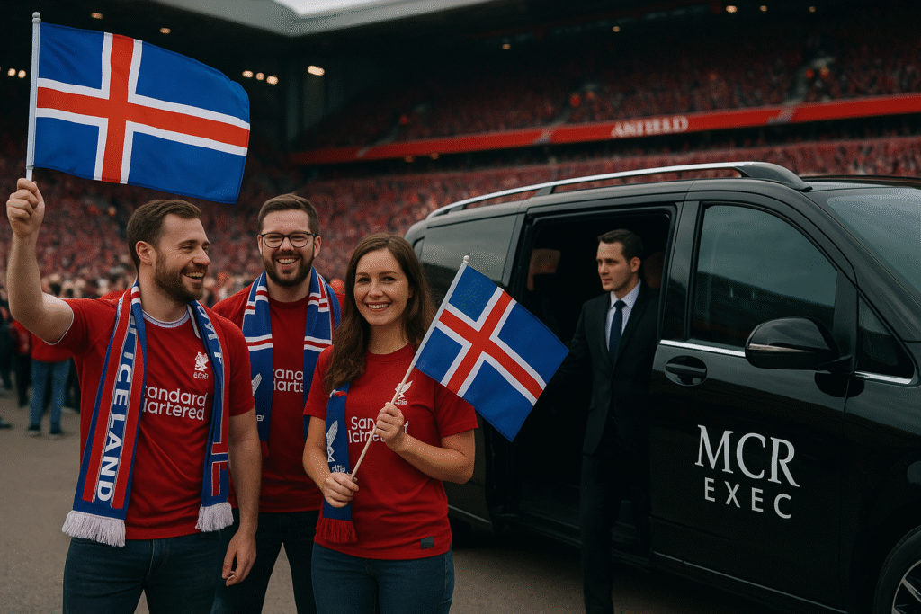 Icelandic Liverpool FC fans arriving at Anfield with MCR EXEC chauffeur service, luxury Mercedes MPV, Iceland flags, vibrant match day atmosphere.
