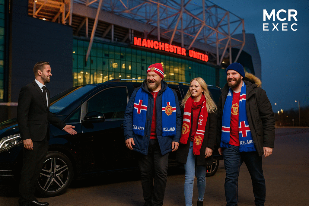 Three Icelandic Manchester United fans in scarves and winter coats stepping out of a luxury MPV outside Old Trafford, greeted by a suited chauffeur.