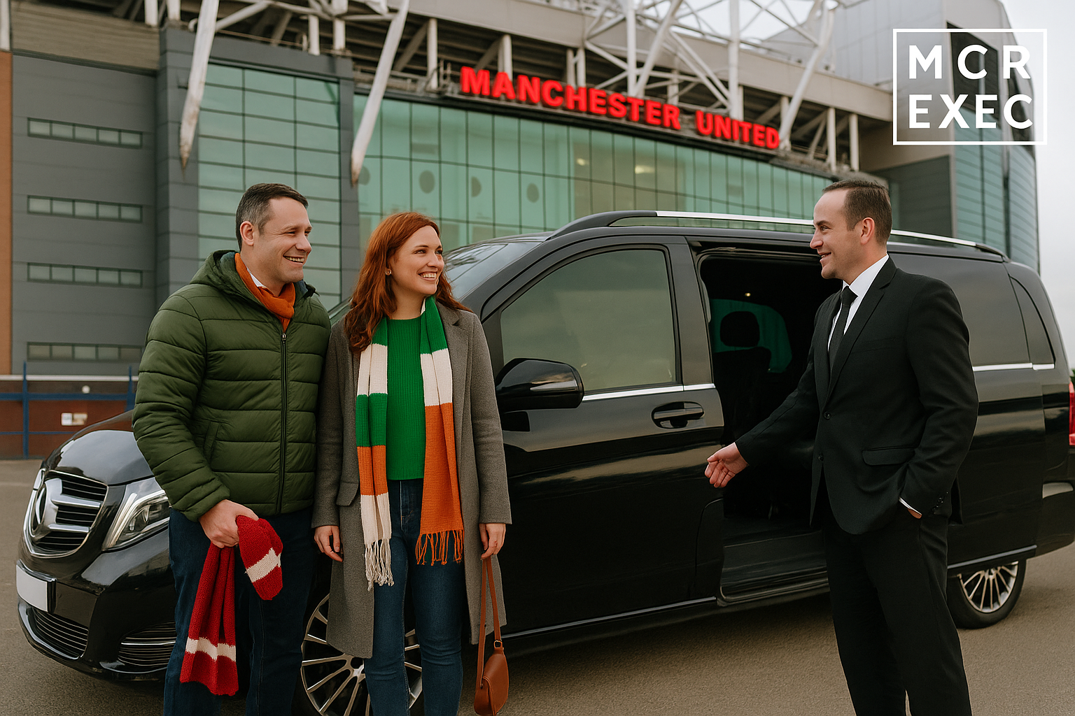 Irish couple arriving in chauffeur-driven V-Class at Old Trafford - MCR EXEC