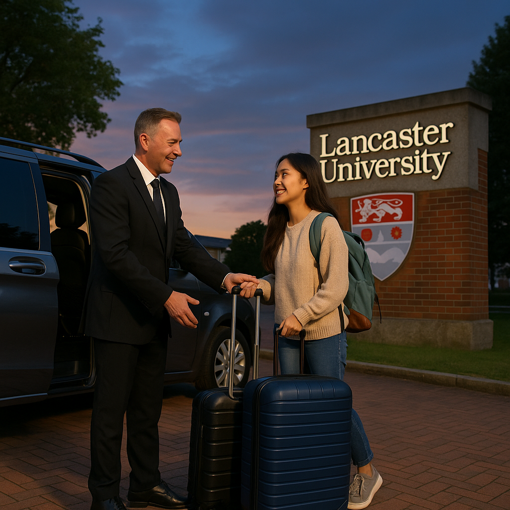 A professionally-dressed chauffeur opens the door of a black MPV vehicle for an international student arriving at Lancaster University during early evening.