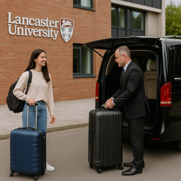 Young Lancaster University student placing luggage into a premium chauffeur vehicle before transfer to Manchester Airport