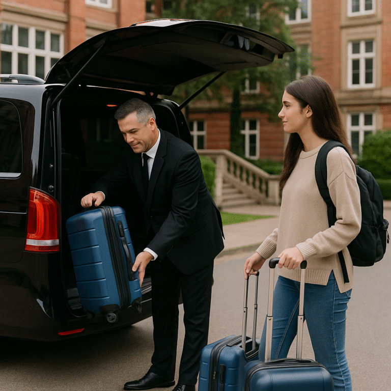 Chauffeur loading suitcase for a Leeds Beckett University student en route to Manchester Airport