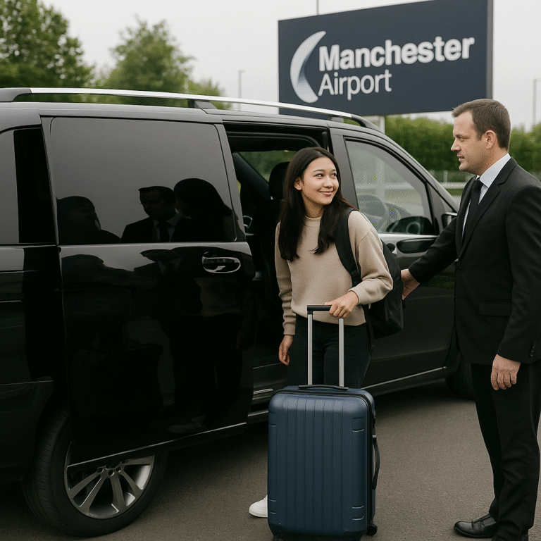A professional chauffeur loading a student's luggage into a luxury MPV outside Leeds University halls, preparing for airport transfer